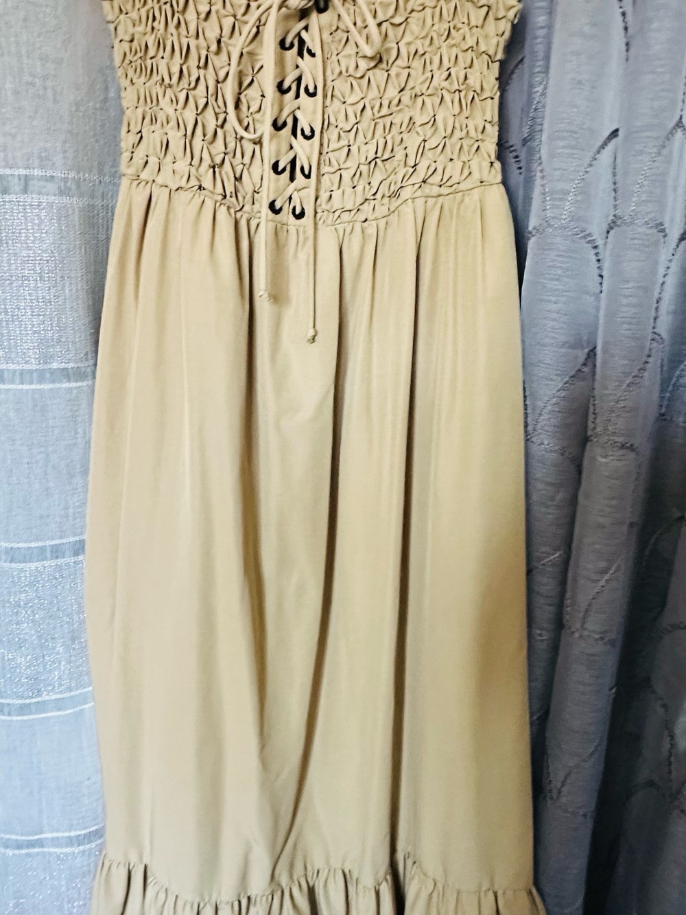 Zara Beige Smocked Lace-Up Maxi Dress